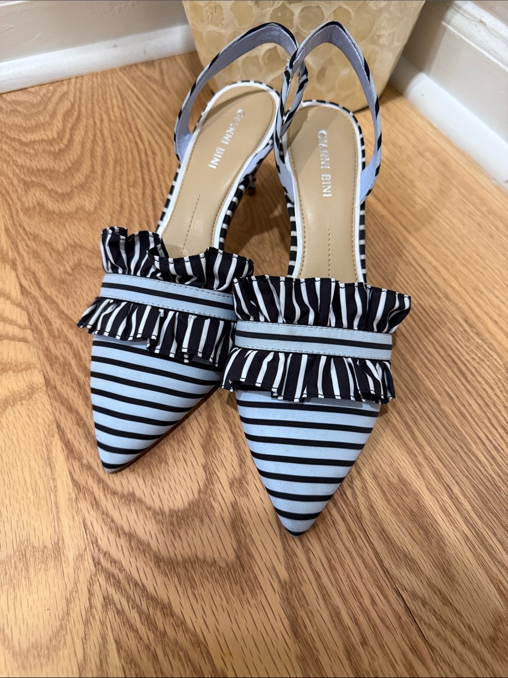 Gianni Bini Light Blue and Black Striped Pointed Slingback Flats with Ruffle